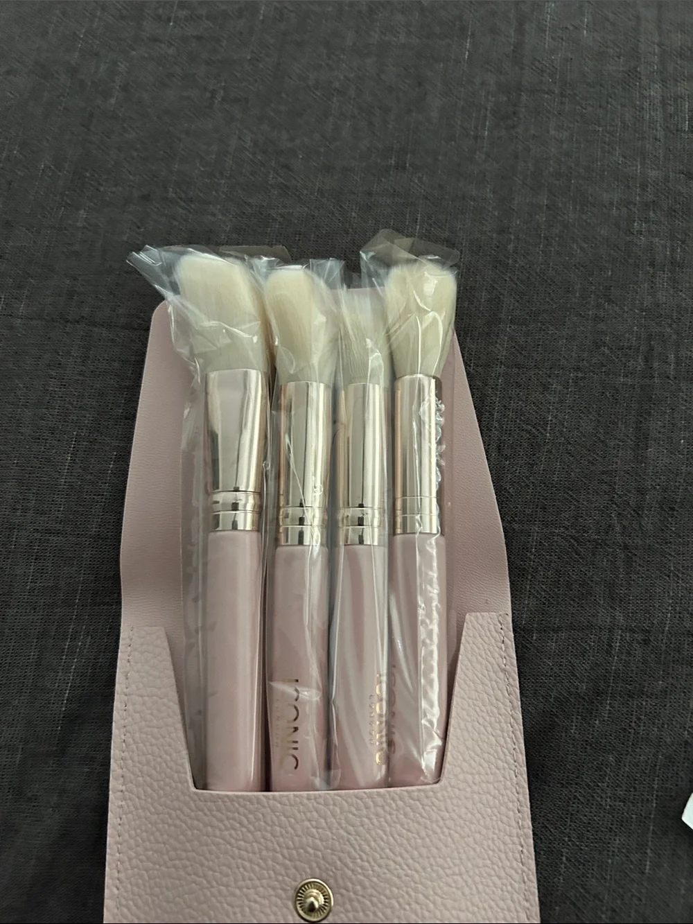 ICONIC London Light Pink Pebbled Leather Pouch with Makeup Brushes